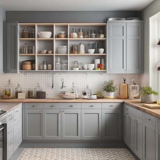 A tidy, L-shaped kitchen with sleek, handle-less cabinets in a soft gray tone, showcasing a pegboard on the back of a door, a pull-out spice rack, and a ceiling-mounted pot rack.