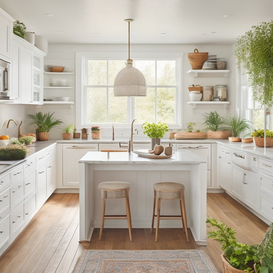 A bright, airy kitchen with sleek white cabinets, warm wood accents, and a large island featuring a built-in cooktop, surrounded by neatly arranged cookbooks, utensils, and a few potted plants.