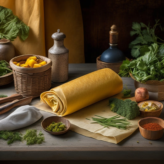 A rustic wooden table with a roll of parchment paper, a block of golden beeswax, a paintbrush, and a few finished food wraps in various sizes, surrounded by scattered herbs and a few fresh vegetables.
