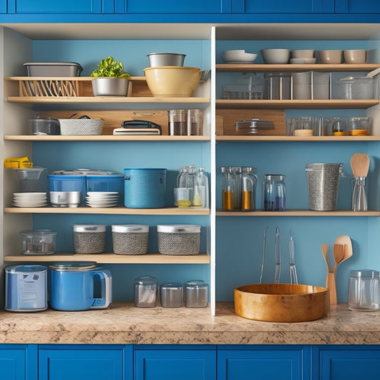 A clutter-free deep kitchen cabinet with adjustable dividers, a utensil organizer tray, and a stackable shelf system, showcasing a neatly arranged collection of kitchen utensils and gadgets.