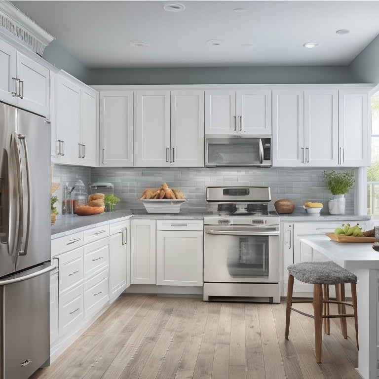 An L-shaped kitchen with white cabinets, stainless steel appliances, and gray countertops, showcasing a pull-out pantry, a wall-mounted utensil organizer, and a sink with a slide-out trash can.