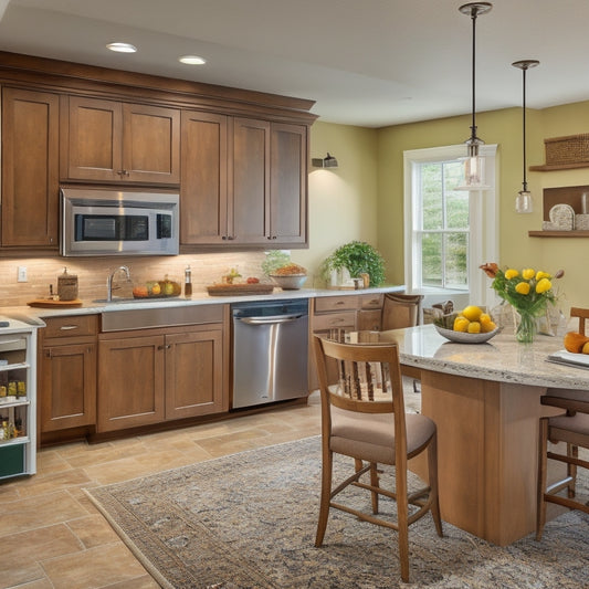 A warm, well-lit kitchen with a wheelchair-accessible island, lowered countertops, and pull-out cabinets, featuring a walk-in pantry with a seated workspace and a curbless, roll-in shower adjacent to the kitchen area.