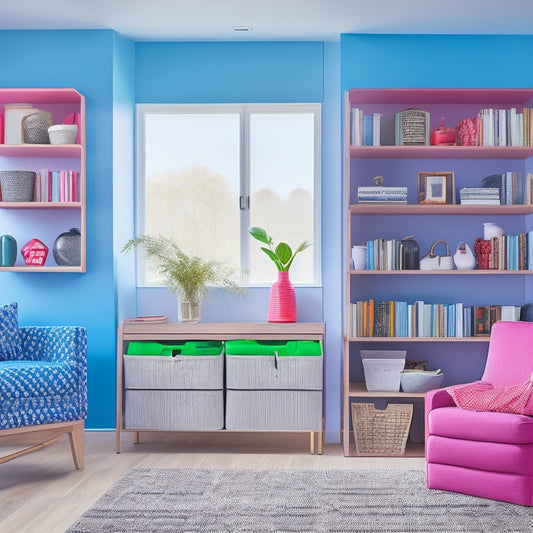 A bright, modern living room with sleek shelves, minimalist decor, and a variety of stylish storage bins and baskets, each adorned with elegant, color-coded labels.