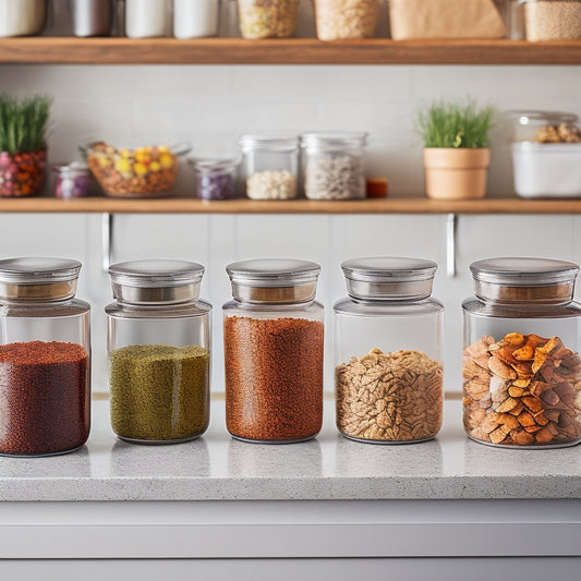 A modern kitchen countertop featuring sleek, transparent stackable containers filled with colorful spices, grains, and snacks. The containers have easy-access lids, arranged in a neat, organized manner, with a wooden spoon resting beside them.