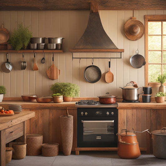 A rustic kitchen with a wooden island, surrounded by utensils and cookware, featuring a sleek, black pot rack with three hanging pots, against a warm, beige background with soft, natural light.
