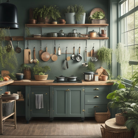 A beautifully styled kitchen with a wooden DIY cart in the center, featuring three drawers, a butcher block top, and metal hooks for hanging pots and pans, surrounded by cooking utensils and fresh greenery.