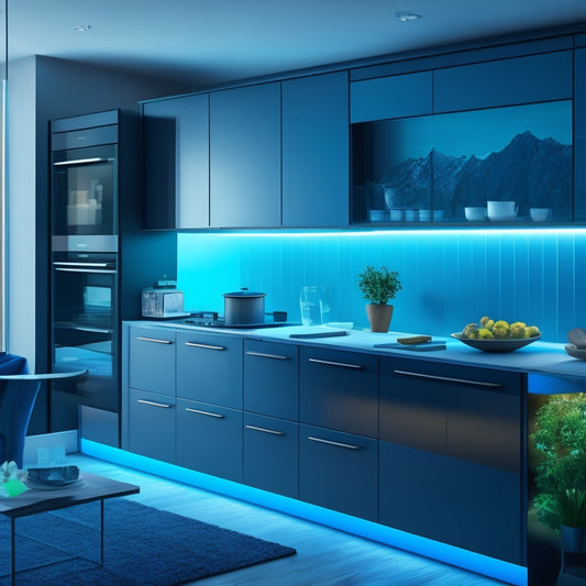 Render an image of a sleek, modern kitchen with a large touchscreen display on the wall, surrounded by various design elements and furniture, with subtle glowing blue lines and shapes indicating smart design possibilities.