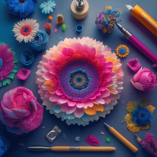 A vibrant illustration of a creative mind, represented by a blooming flower with gears, paintbrushes, and pens as petals, surrounded by swirling shapes and colors.