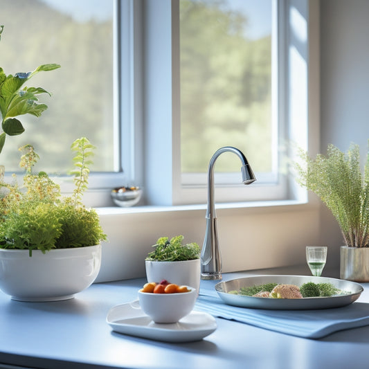 An elegant small kitchen countertop featuring a sleek stainless steel dish drainer, surrounded by colorful dishware, a potted herb, and natural light filtering through a nearby window, creating a cozy, modern ambiance.