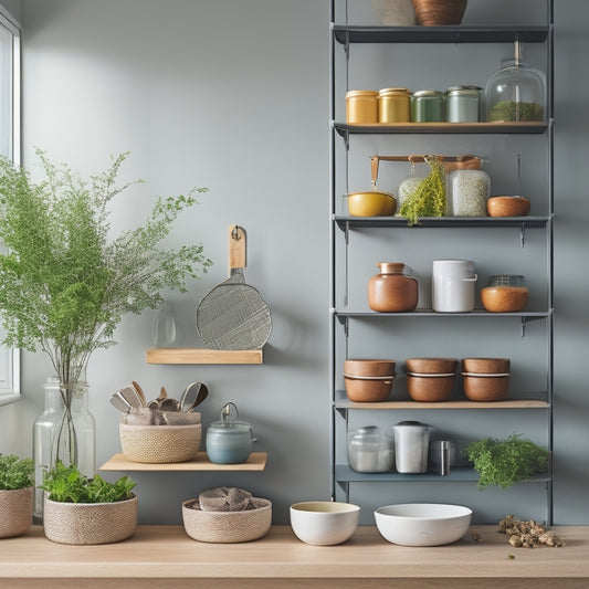 A sleek, minimalist kitchen featuring a stylish, multi-tiered wooden rack adorned with vibrant potted herbs, elegant glass jars filled with colorful spices, and decorative ceramic dishware, all set against a bright, airy backdrop.