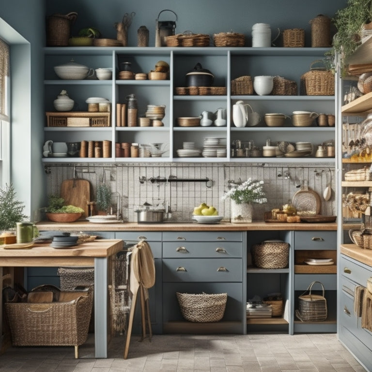 A tidy kitchen with a wall of floor-to-ceiling shelves, each maximized with baskets, hooks, and dividers, showcasing stacks of dinner plates, cookbooks, and utensils in a harmonious, clutter-free arrangement.