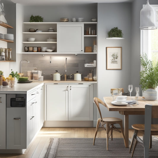 A clutter-free small kitchen with a few sleek, modern appliances, featuring a pull-out pantry beside a compact refrigerator, and a wall-mounted foldable table with a few cookbooks on a nearby shelves.