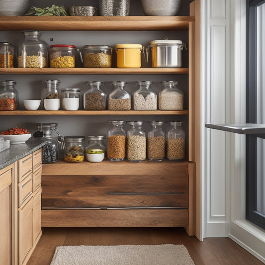 A well-organized kitchen cabinet featuring tiered spice racks, pull-out drawers filled with utensils, stackable containers for grains, and a lazy Susan for condiments, all bathed in warm, inviting lighting.
