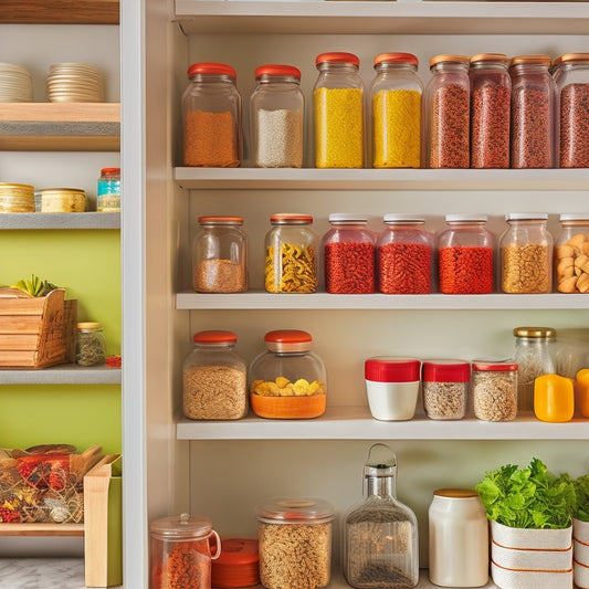 A cozy small kitchen with sleek cabinet organizers: pull-out spice racks, tiered shelf risers, and stackable containers, all filled with colorful spices and kitchenware, bathed in warm, inviting light.