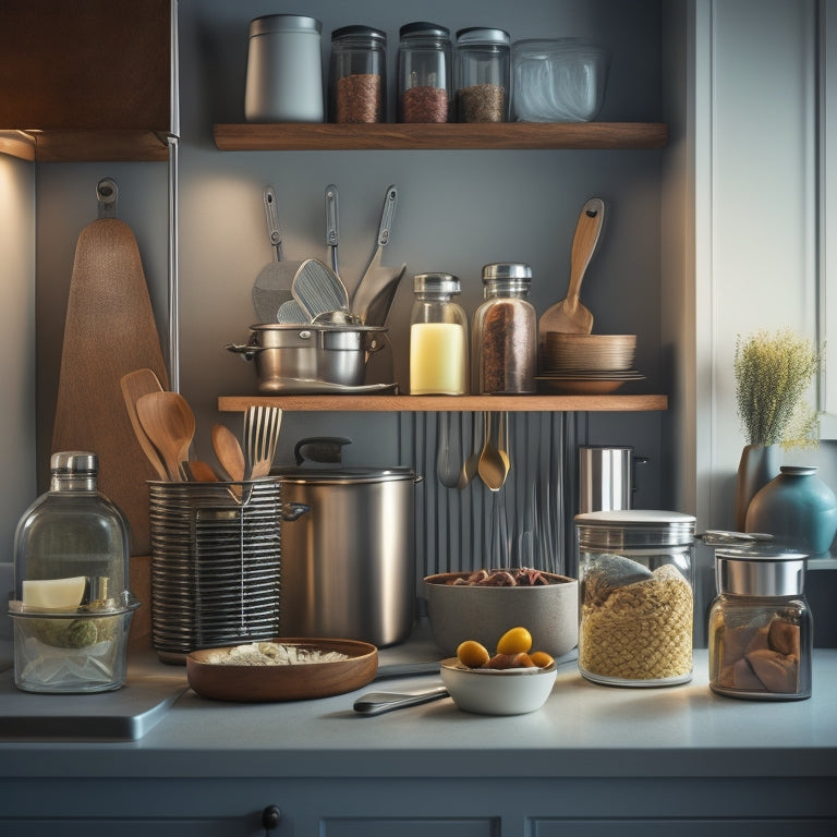 A clutter-free kitchen counter with a wall-mounted utensil organizer, a stainless steel carousel canister, and a drawer divider containing neatly arranged utensils, with a subtle warm lighting effect.