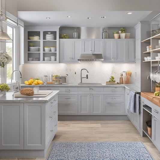 A bright, modern kitchen with sleek gray countertops, stainless steel appliances, and a large island in the center, featuring a beautifully organized pantry, utensil drawers, and a pegboard with hanging pots.