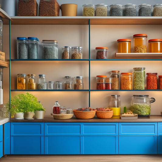 A compact kitchen with stylish, open shelves displaying neatly arranged glass jars, spices, and colorful utensils, alongside a small cabinet with pull-out drawers, maximizing vertical space and emphasizing minimalism.