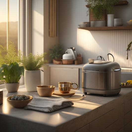 A serene kitchen scene at dawn, featuring a tidy island with a small potted plant, a toaster, and a single cup on a neatly arranged countertop, amidst a soft, warm, golden light.