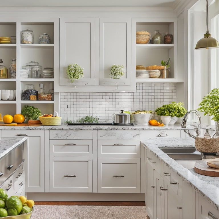 A bright, modern kitchen with white cabinets and granite countertops, featuring a Lazy Susan in a corner cabinet, surrounded by neatly arranged cookbooks, spices, and kitchen utensils.