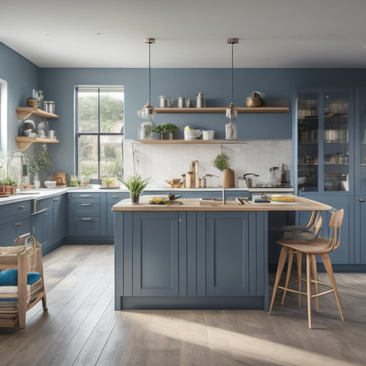 A modern UK home kitchen with sleek, handleless cabinets, a central island, and a mix of open shelving and closed storage, surrounded by warm lighting and a few kitchen utensils and decor.