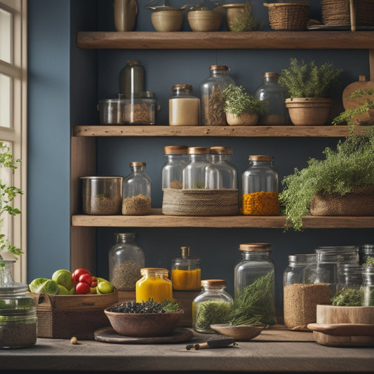 A stylish kitchen scene featuring elegant tiered racks filled with colorful spices, fresh herbs, and stacked cookbooks, set against a warm wooden backdrop, with soft natural light illuminating the vibrant arrangement.