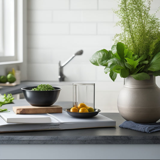 A tidy kitchen counter with a few, strategically-placed essential items: a small vase with fresh greenery, a modern kitchen scale, and a single, leather-bound cookbook, set against a clean, white background.