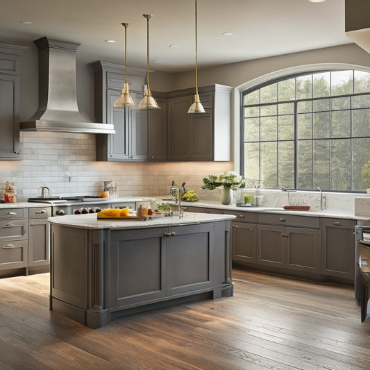 An open-plan kitchen with warm, light-gray cabinets, contrasting dark hardwood floors, and a large, curved island with a lowered sink and pull-out cabinets, surrounded by natural light pouring in through large windows.