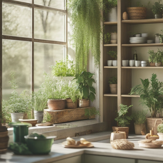 A serene, modern kitchen featuring elegant foldable shelves made of reclaimed wood, adorned with potted herbs, sustainable kitchenware, and a sunlit window showcasing a lush green garden outside.