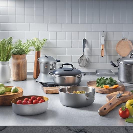 A warm and inviting kitchen scene featuring a stainless steel cookware set, a stand mixer, silicone utensils, a wooden cutting board, and a few fresh ingredients, all arranged on a sleek granite countertop.