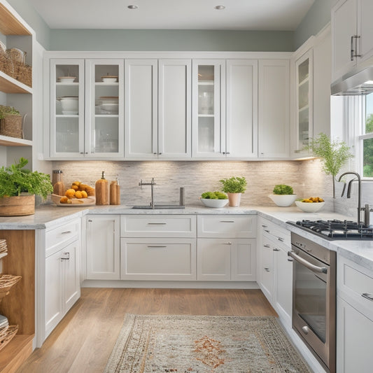 A bright, modern galley kitchen with sleek white cabinets, stainless steel appliances, and warm wood accents, showcasing optimized storage solutions such as pull-out spice racks and tiered shelving.
