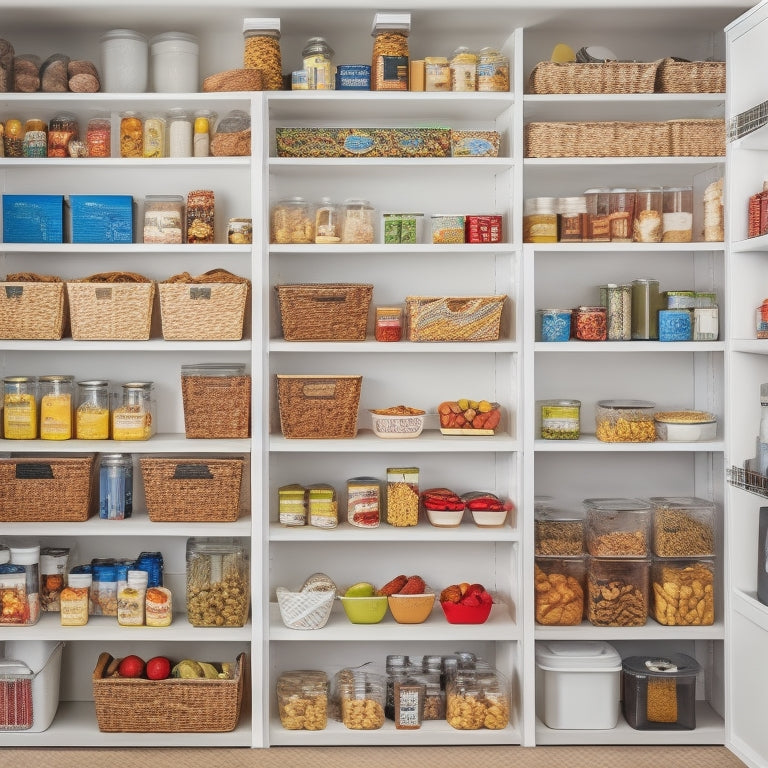 A neatly organized kitchen pantry with 5-7 shelves, baskets, and bins of varying sizes, containing a mix of snacks, canned goods, and cooking supplies, with a few family members' labeled sections.