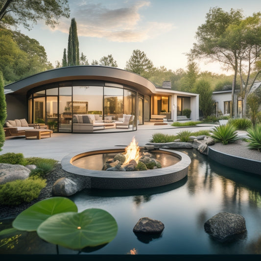 A serene, modern home with a sleek, curved roofline, surrounded by lush greenery and a tranquil koi pond, featuring a spacious outdoor living area with a fire pit and plush lounge seating.