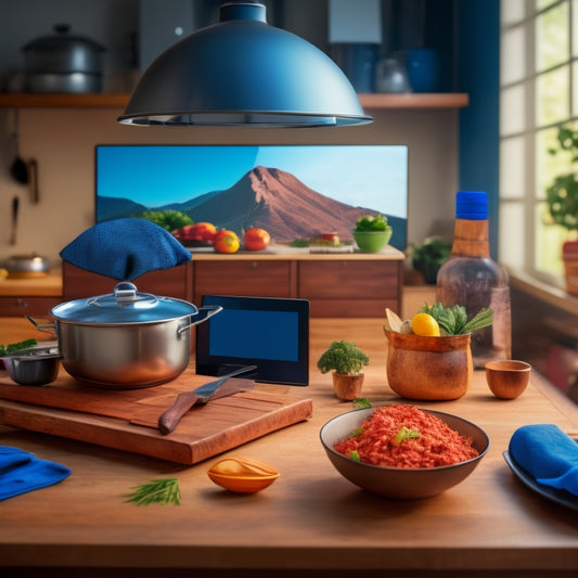 A virtual kitchen with a computer screen displaying a certificate of completion in the background, surrounded by utensils, ingredients, and a chef's hat, with a globe in the corner symbolizing online learning.