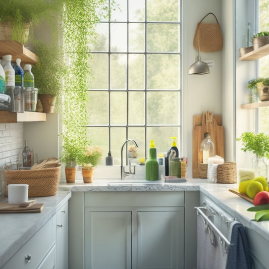 A cozy kitchen corner with a stylish, white cabinet filled with neatly organized cleaning supplies. Bright light streams through a window, illuminating colorful bottles and natural cleaning products, surrounded by greenery.