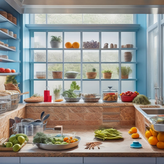 A modern kitchen with sleek roll-out trays filled with colorful spices, cooking utensils, and fresh vegetables, showcasing organized storage. Soft natural light filters through a window, illuminating the vibrant contents and polished surfaces.