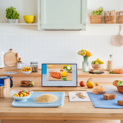 A bright and airy kitchen with a large wooden table in the center, surrounded by gluten-free ingredients, meal planning tools, and a laptop with a organized digital calendar on the screen.