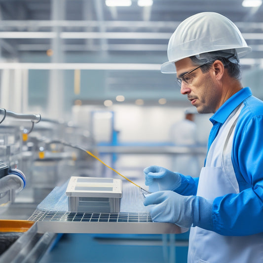 An illustration of a factory worker in a sterile white uniform, gloves, and hairnet, standing in a pristine production line, surrounded by stainless steel equipment, with a tablet and checklist in hand.