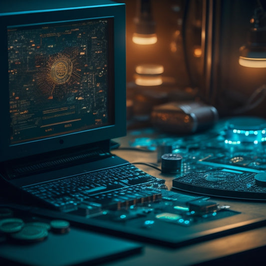 A darkened computer screen with a website's loading wheel stuck in an infinite loop, surrounded by scattered coins and broken circuit boards, amidst a background of flickering error codes.