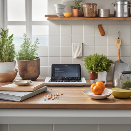 A tidy kitchen countertop with a few organized cookbooks, a tablet displaying an eBook, and a few kitchen utensils arranged neatly around a small potted herb plant, set against a warm beige background.