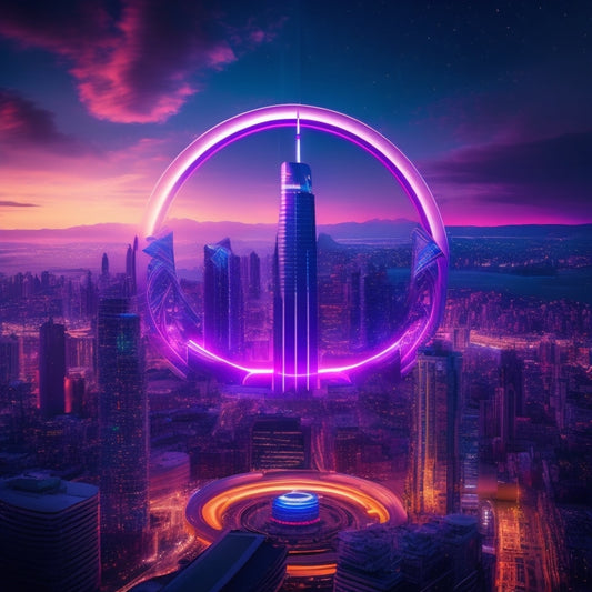 A futuristic, neon-lit cityscape at dusk with sleek skyscrapers and holographic advertisements, featuring a giant, glowing, spiral-shaped digital download symbol bursting out of a central tower.