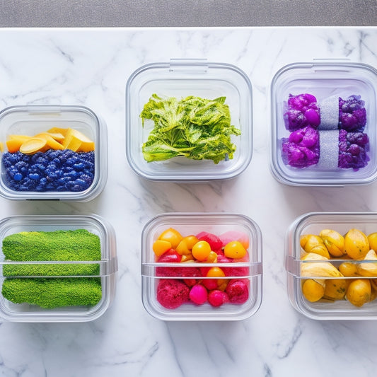 A colorful, overhead shot of 5-7 meal prep containers in different shapes, sizes, and materials (glass, plastic, stainless steel) arranged artfully on a white marble countertop with a blurred kitchen background.