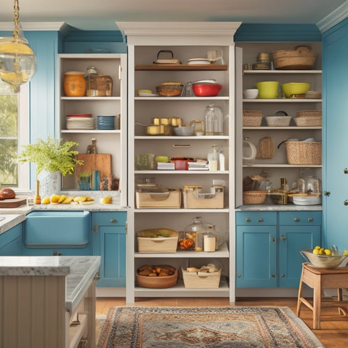 A clutter-free kitchen with a corner cabinet featuring a pull-out carousel, a lazy Susan, and a tiered shelving system, with a few cookbooks, utensils, and decorative items neatly organized and displayed.