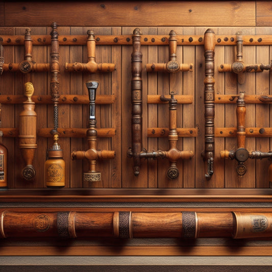 A stylized illustration of a wooden beer tap wall with 20+ taps, each featuring a unique beer style's iconography, surrounded by hop cones, grains, and brewing equipment, set against a warm, rich wood tone background.