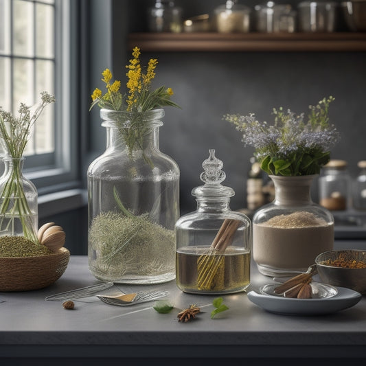 A beautifully styled kitchen counter with a transparent glass storage jar featuring a delicate, cursive engraved design, surrounded by fresh flowers, artisanal spices, and a few scattered kitchen utensils.