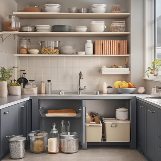 A spacious under-sink area showcasing sleek, tiered organizers filled with pots, pans, and baking sheets, surrounded by cleaning supplies, with soft lighting highlighting organized compartments and a stylish, modern kitchen backdrop.