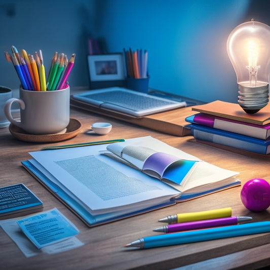 An illustration of a student's desk with a partially filled mind map on paper, surrounded by colorful pens, a laptop, and a few open textbooks, with a subtle lightbulb above the student's head.