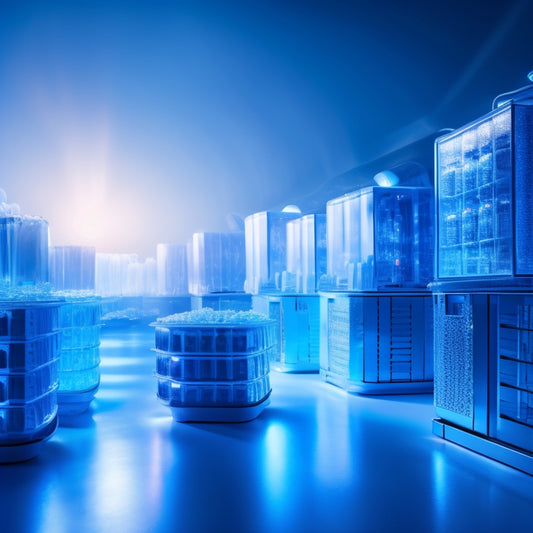 A futuristic ice factory scene with rows of sleek, silver Cubelet Icemaker machines, humming with blue LED lights, surrounded by transparent ice bins overflowing with crystal-clear cubes.