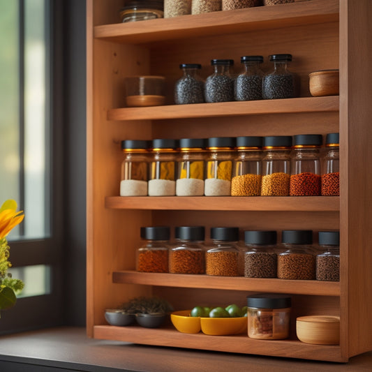 A sleek, modern spice rack elegantly fitted inside a wooden cabinet, showcasing neatly organized spice jars in various shapes and sizes, with a warm kitchen ambiance and soft lighting highlighting the rack's functionality.