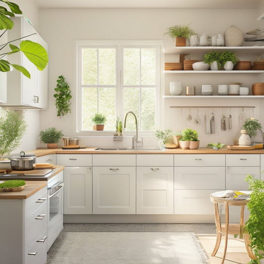 A bright, modern kitchen with sleek white cabinets, a large island with built-in drawers, and a pegboard with utensils and baskets, surrounded by natural light and plants.