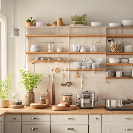 A clutter-free, minimalist kitchen with tiny cabinets, showcasing a pull-out spice rack, a hanging utensil organizer, and a tiered shelf maximizer, all in a soft, natural light setting.